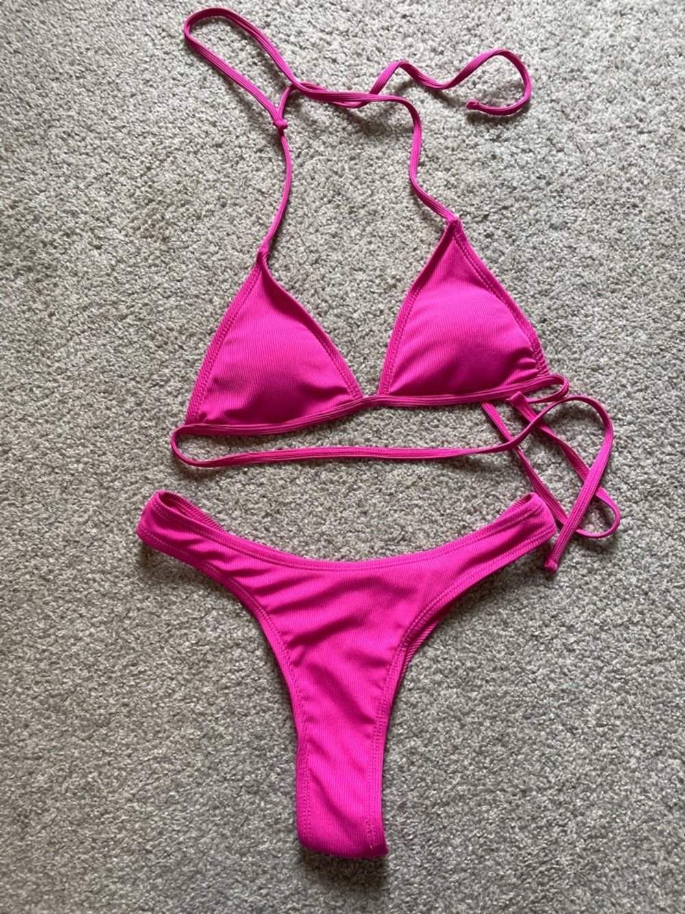 Zaful Hot Magenta Ribbed Triangle Bikini Set